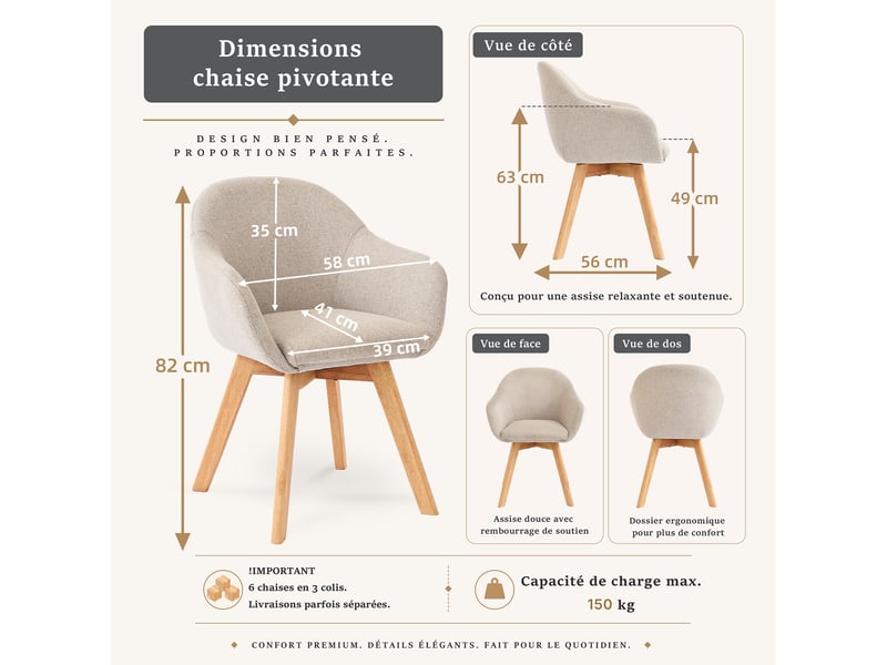  Lot de 6 chaises de salle à manger pivotantes à 360° – tissu effet lin respirant, pieds en bois massif - beige  - Conforama C