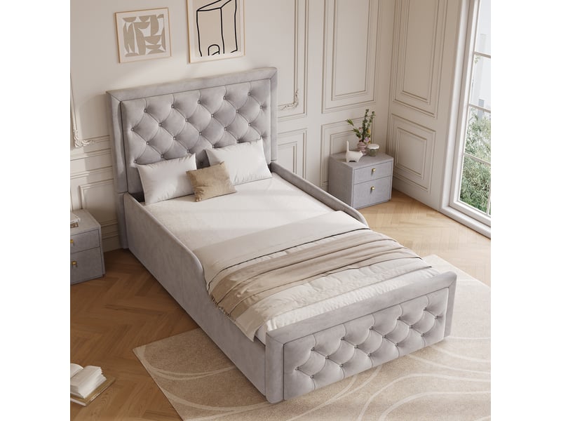  Lit enfant 90x200 lit coffre avec rangement velours gris sommier inclus  - Conforama W