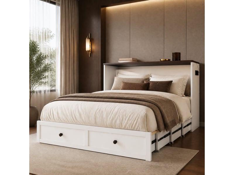 Lit escamotable 140 x 200 cm blanc avec tiroir, étagère, prise et usb - Conforama D