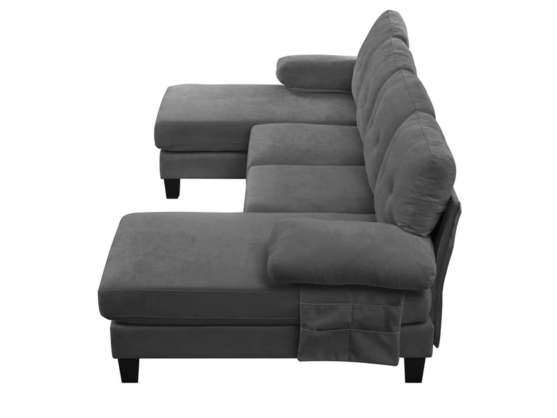  Canapé 4 places avec double méridienne, canapé en u compact, dossier capitonné, poches latérales, revêtement chenille gris Seren Glow - Conforama D