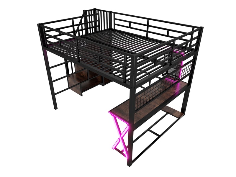 Lit mezzanine gaming 160 x 200 cm avec bureau, armoire, étagères ouvertes, escalier de rangement et éclairage led, métal, noir Morn Vibe - Conforama E