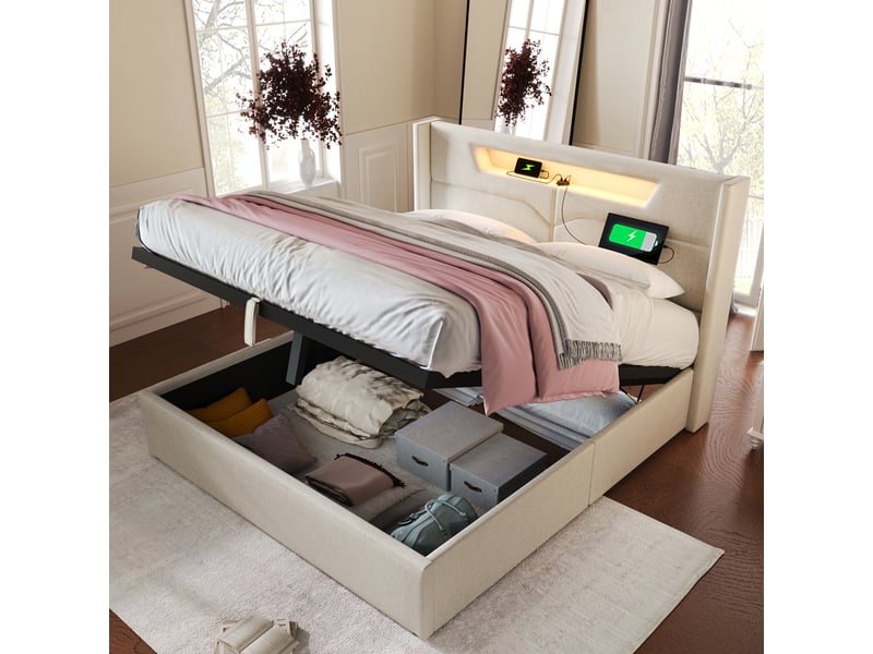  Lit rembourré double 160x200 cm en lin beige, éclairage led, usb type-c, coffre de rangement, sans matelas  - Conforama D
