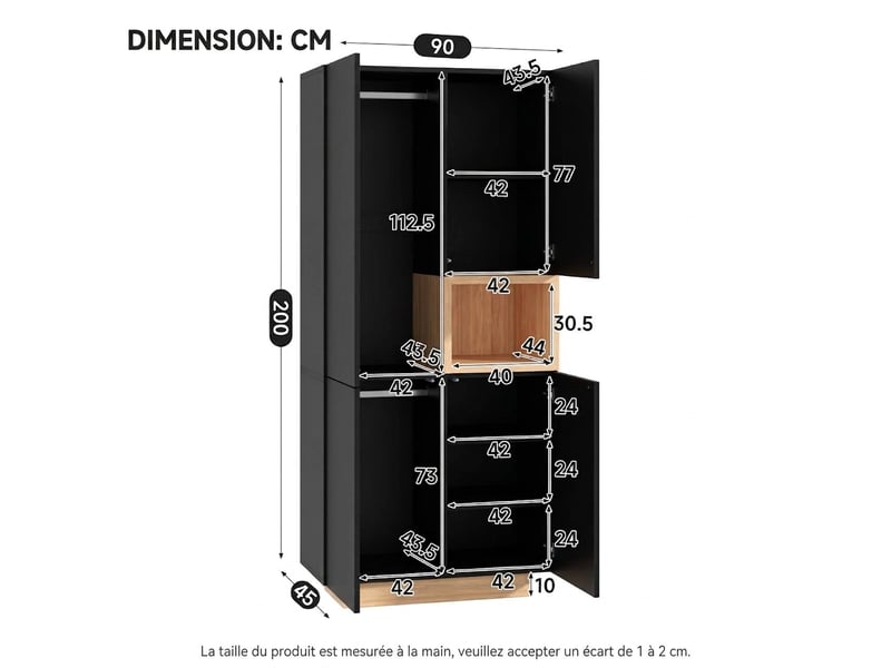 Armoire noire 2 portes 90x45x200 cm avec 2 tringles et 5 compartiments - Conforama W