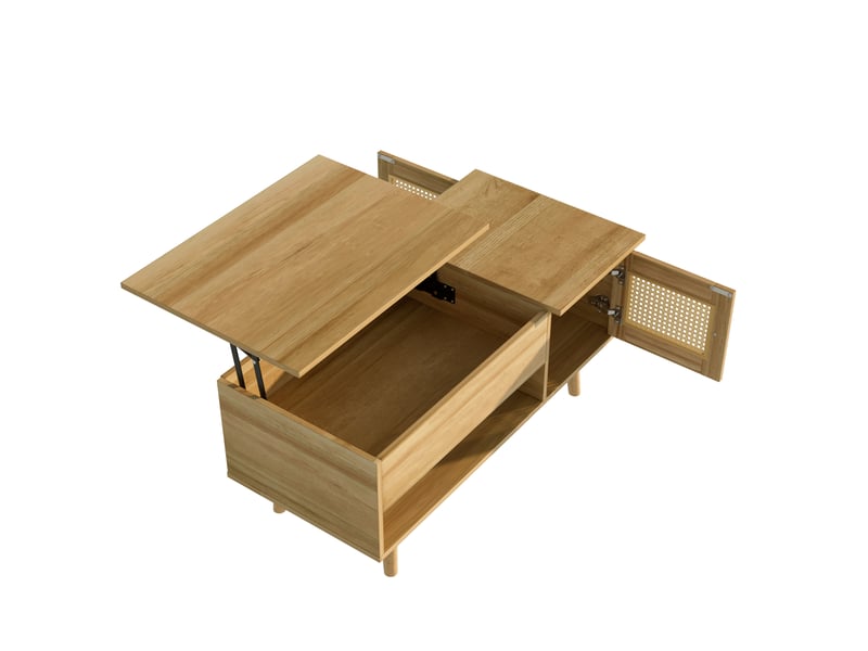  Élégante table basse avec plateau relevable et portes en rotin, couleur bois avec accents noirs, idéale pour le salon – espace de rangement pratique et design fonctionnel.  - Conforama D