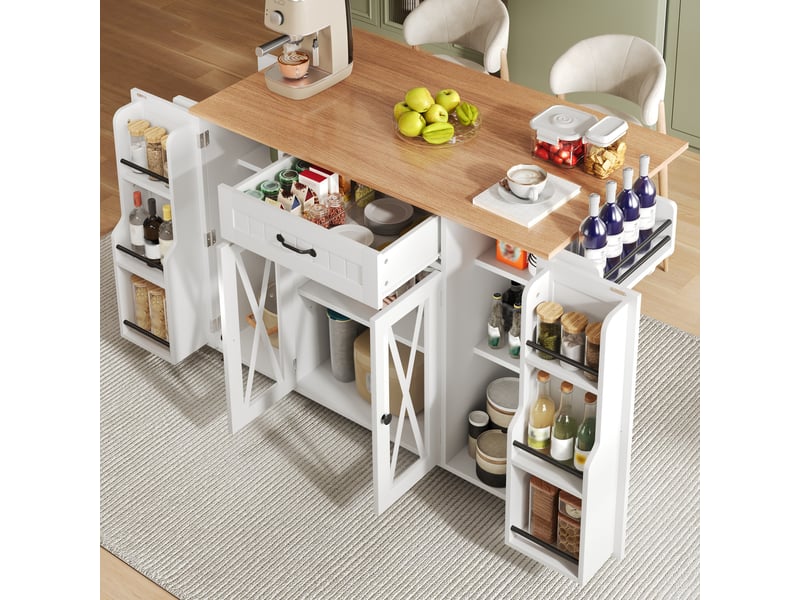 Îlot de cuisine mobile - 120x69x90 cm - sur roulettes - tiroirs - portes de rangement - rangement à vin - plateau rabattable - blanc CozyNest - Conforama C