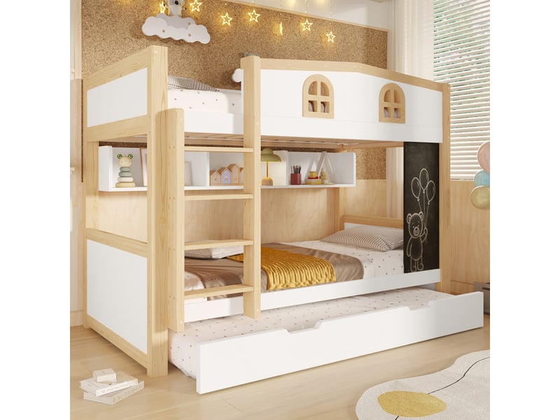  Lit superposé 90x200 cm - avec lit gigogne, espace de rangement et tableau noir amovible - mdf - blanc (sans matelas)  - Conforama E