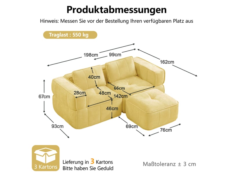  Canapé modulaire d’angle 2 places 198x93x67cm, sans cadre, mousse haute densité, assise profonde, polyester, jaune  - Conforama C