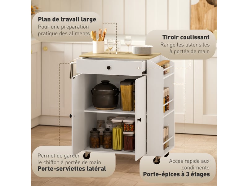 Îlot central cuisine mobile desserte cuisine avec tiroir étagère réglable placard à deux portes blanc 82 x 38 x 86,5 cm - Conforama A