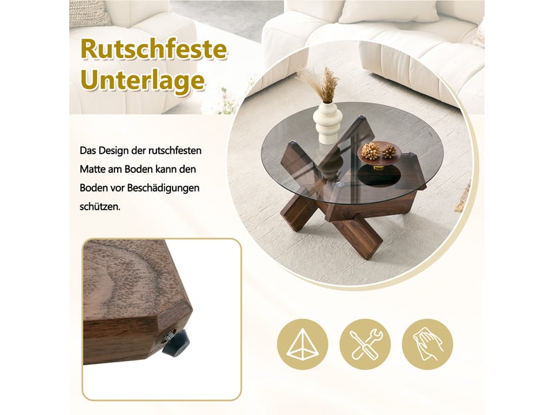 Table basse ronde avec plateau en verre trempé et piètement géométrique en mdf pour salon noyer, ø 79×45 cm  - Conforama E
