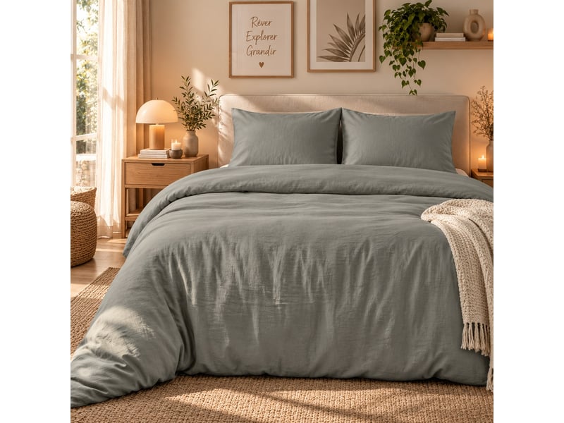  Parure de lit 240x260 cm gaze de coton gris galet PD25759 - Conforama E