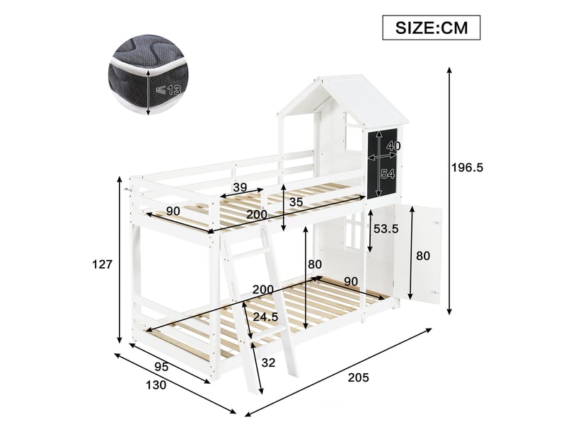 Lit superposé cabane 90 × 200 cm, blanc, pin et mdf, petite porte, tableau, fenêtres et toit, échelle 3 marches, lattes stables - Conforama C