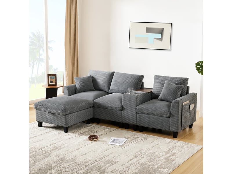  Canapé d'angle, canapé convertible, rangements dans les accoudoirs, porte-gobelets, usb, design moderne, appartement, pour salon  - Conforama D