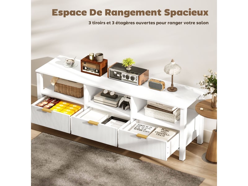  Meuble tv 152 cm, meuble télé pour téléviseur 65 pouces avec 3 tiroirs et 3 étagères ouvertes, blanc, 152x39,5x50cm  - Conforama E