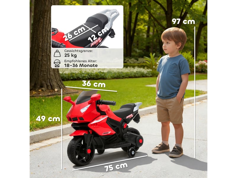  Moto électrique pour enfants, klaxon, phare, fonction musicale, 2,5 kmh, rouge  - Conforama E