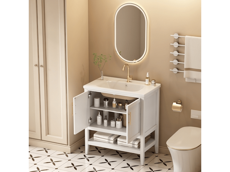 Meuble de salle de bain 80 cm sur pied avec vasque en céramique brillante blanc - Conforama D