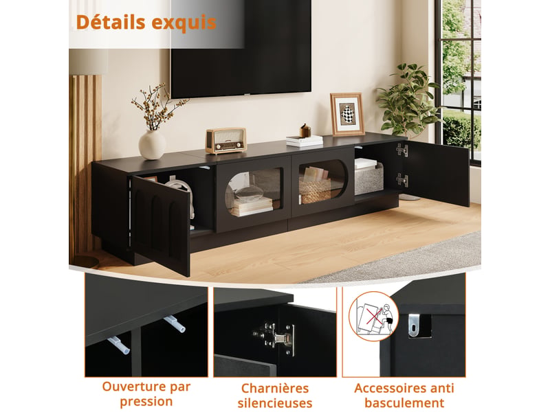 Meuble tv 200 x 40 x 42 cm blanc mdf avec portes vitrées et led via application pour salon - Conforama D