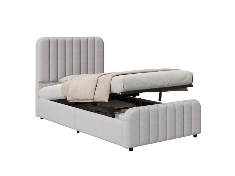  Lit capitonné 90x200 enfant avec coffre hydraulique - lit simple gris lin sommier inclus  - Conforama A