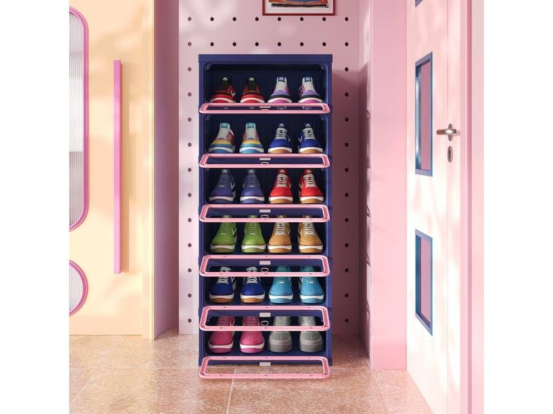 Meuble à chaussures pliable - 45x34,5x105,5 cm - meuble de rangement à 1 colonne et 6 niveaux - bleu et rose - Conforama B