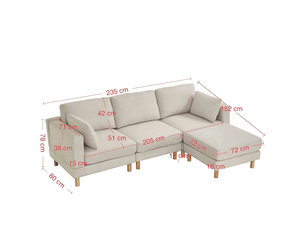 Canapé d'angle, canapé 3 places – pieds bois, beige, avec pouf, 235×152×78 cm