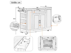 Îlot de cuisine mobile - blanc+naturel - mdf - 131.8x40-70x93.3 cm - plateau extensible 120x40-70 cm