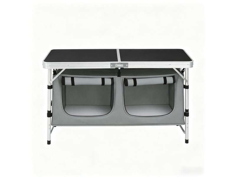 Table de camping pliante 120x47 cm noir et gris, aluminium et mdf, hauteur réglable avec sac suspendu - Conforama A