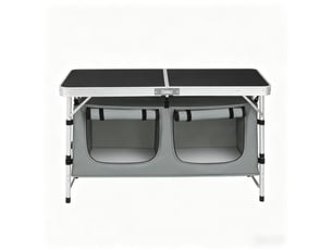 Table de camping pliante 120x47 cm noir et gris, aluminium et mdf, hauteur réglable avec sac suspendu