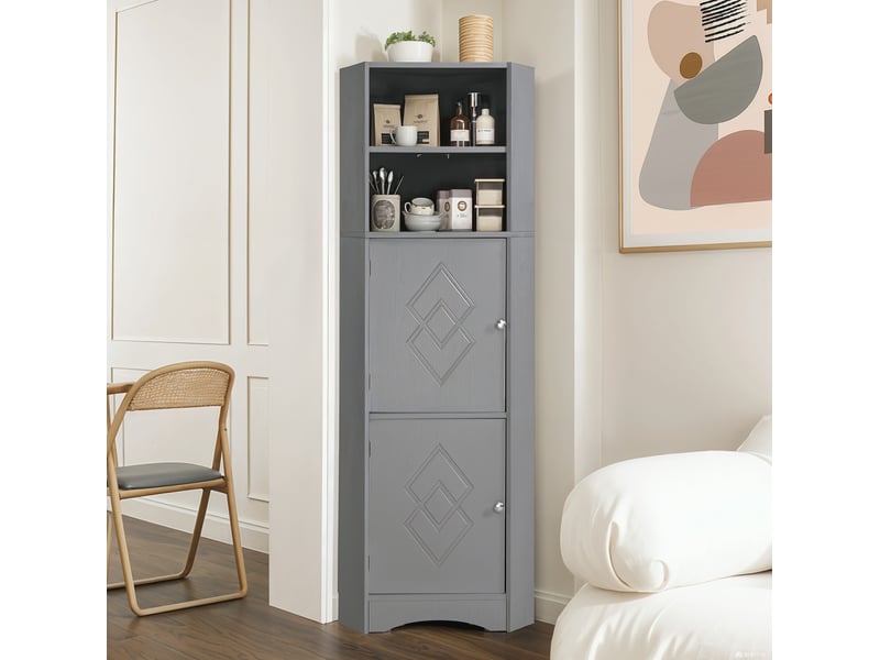  Meuble de salle de bain d'angle avec deux compartiments d'extension, compartiment ouvert avec fond réglable, 36,5 x 36,5 x 155 cm, gris clair  - Conforama C