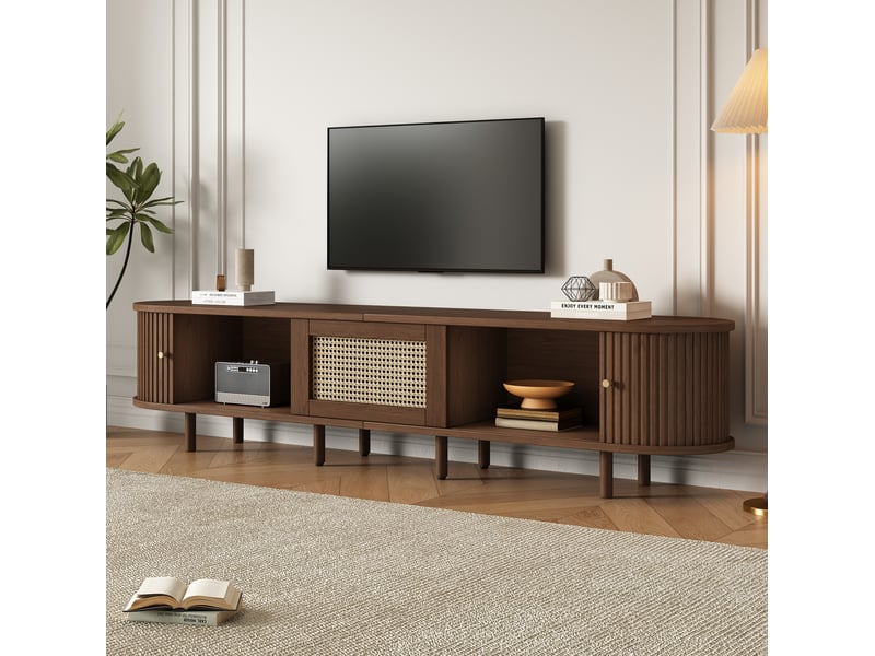  Meuble tv ovale noyer foncé décor imitation rotin en mdf 180 x 40 x 40 cm  - Conforama B