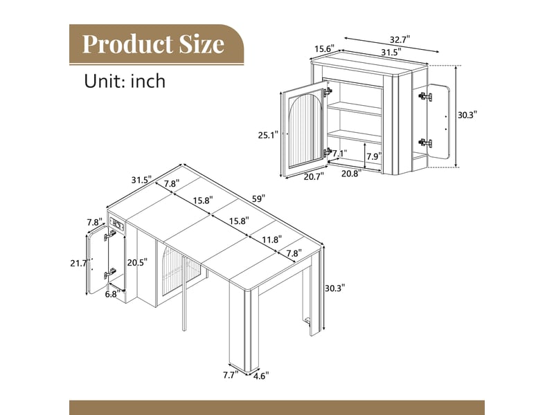  Îlot de cuisine - chariot de cuisine avec table extensible, 3 compartiments et prise électrique, meuble mobile en mdf et verre - natural + blanc - 83×39,6 79,6 119,6 149,6×77 cm  - Conforama E