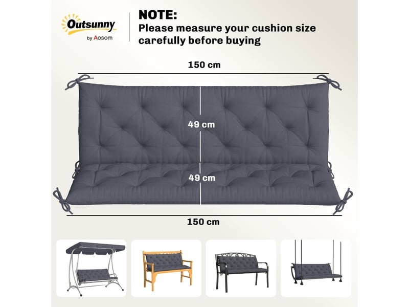  Coussin de banc 3 places 150x98 cm – gris foncé – dossier et 6 liens de fixation intérieur extérieur  - Conforama C