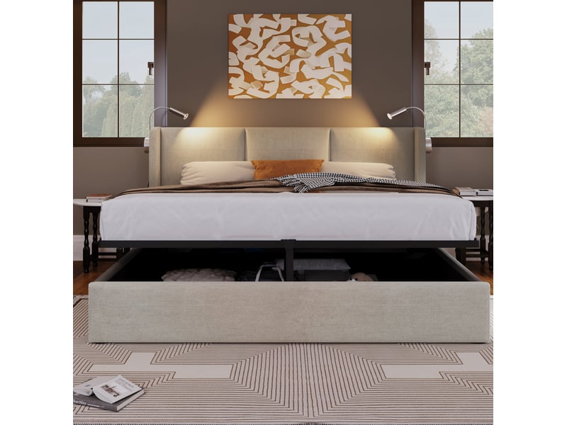 Lit coffre tcqpz 160 x 200 cm avec led de lecture et usb en lin beige  - Conforama D