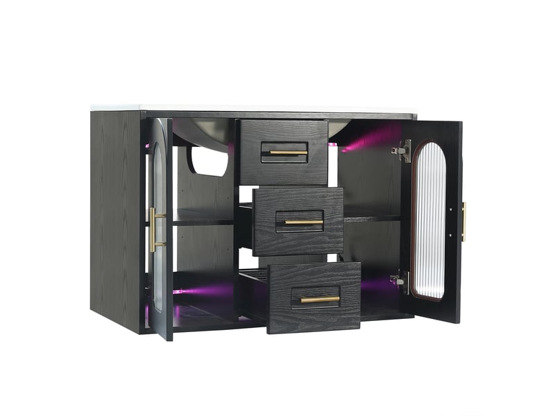 Meuble vasque mural noir 76 cm avec lavabo, porte en verre strié, led et tiroirs - Conforama E