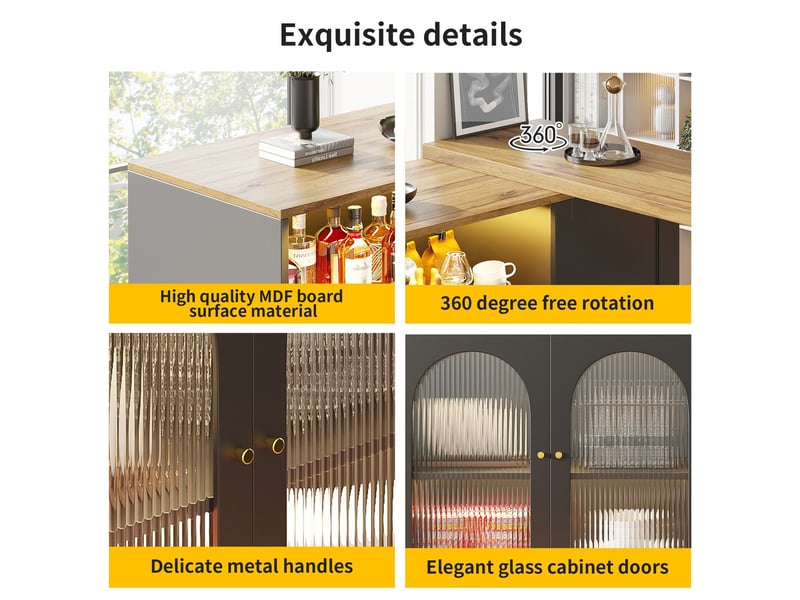  Buffet salle a manger,bar rotatif à 360° (corps : 108x 39,6x97 cm), meuble noir mat avec portes en verre irisé et lumières led, noir  - Conforama E
