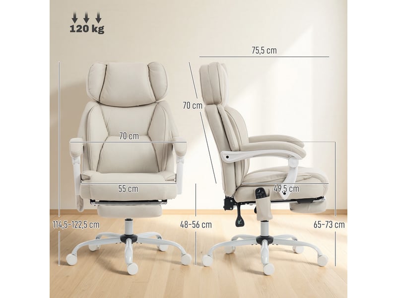 Fauteuil de bureau inclinable avec massage vibrant à 6 points, chauffage lombaire, appui-tête et repose-pieds réglables - crème - Conforama E