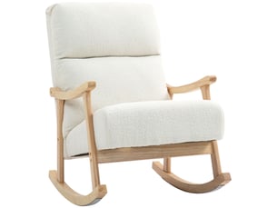 Fauteuil à bascule rembourré en velours teddy, dossier ergonomique, pieds en bois d'hévéa, couleur crème