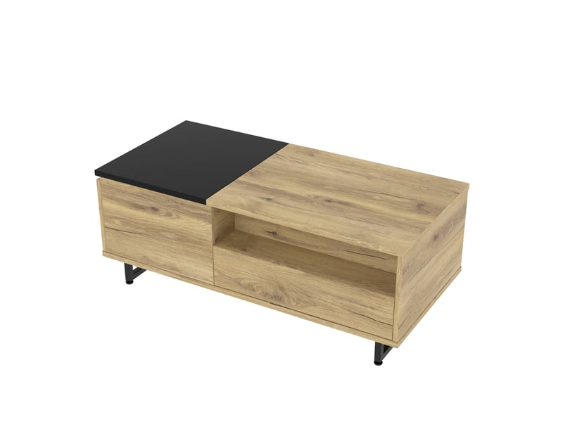 Table basse 103,5x50x27,5 cm avec led, tiroir, rangement caché, plateau réglable, bois d'ingénierie, naturel et noir - Conforama A