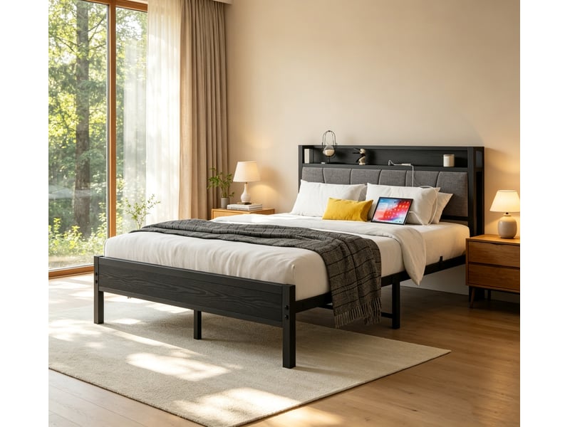  Lit simple 90x200 cm métal noir, tête de lit rembourrée rayée, 2 usb, tablette 18cm, rangement sous lit 27cm  - Conforama B