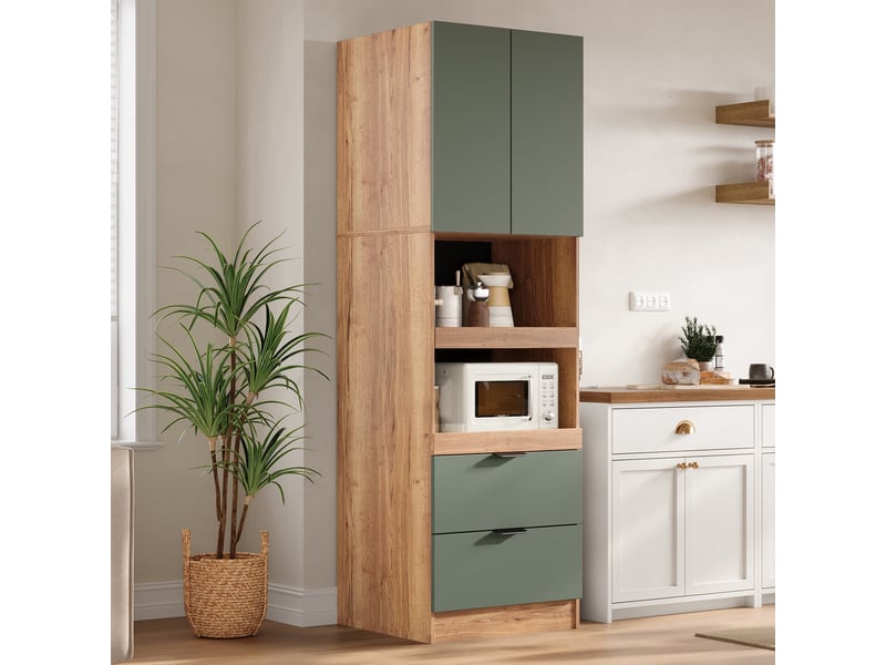 Buffet de cuisine - 59.5x45x200 cm - meuble de rangement haute avec portes, tiroirs, tablettes et anti-basculement - vert - Conforama B