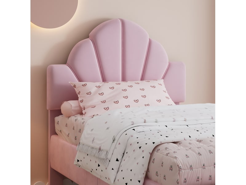  Lit simple 90x200cm tête capitonnée velours, bord mousse anti-collision, contreplaqué, rose, sans matelas  - Conforama E