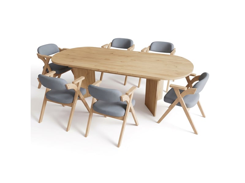 Ensemble table et chaises 6-8 pers, table extensible 160/200x90cm chêne, coins arrondis, 6 chaises pliantes bois massif/lin gris - Conforama A