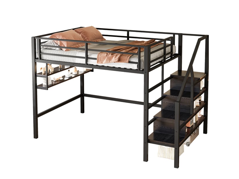  Modenvie lit mezzanine enfant 140x200 cm - avec étagères et escalier de rangement, sans matelas - noir  - Conforama A