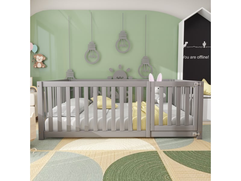 Lit enfant 140x200 cm, lit au sol, garde-corps, style minimaliste, bois gris, sans sommier ni matelas - Conforama D