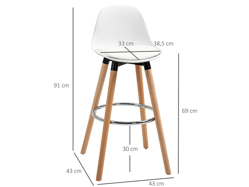  Ensemble de 2 tabourets de bar, design scandinave, avec repose-pieds, 43 cm x 43 cm x 91 cm, naturel et blanc  - Conforama E
