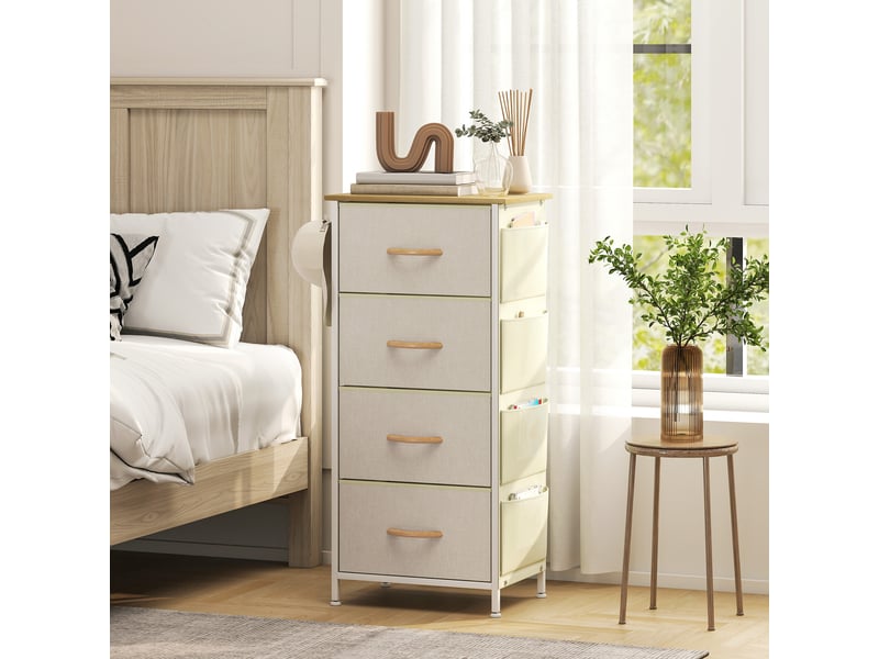  Commode 4 tiroirs en tissu, meuble de rangement avec 4 poches, 2 crochets, structure en acier, 45 x 30 x 94,5 cm, beige  - Conforama A