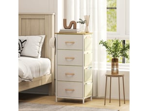 Commode 4 tiroirs en tissu, meuble de rangement avec 4 poches, 2 crochets, structure en acier, 45 x 30 x 94,5 cm, beige
