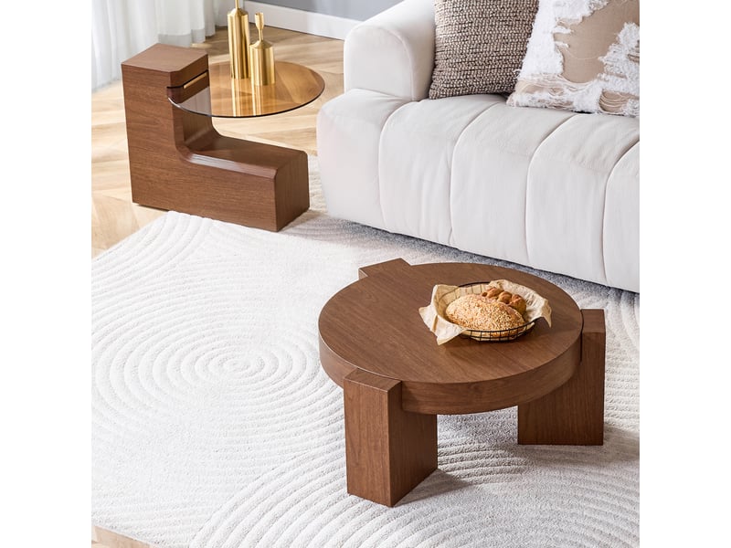  Lot de 2 tables basses gigognes, tables d'appoint séparables, mdf effet noyer et verre marron, design rond  - Conforama D