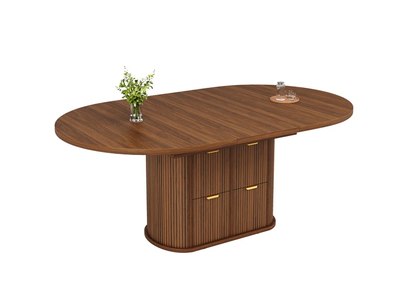 Table de salle à manger ovale extensible 118158x118x76,8 cm pour 4 à 6 personnes, rangements rabattables, rayures en relief - marron foncé  - Conforama A