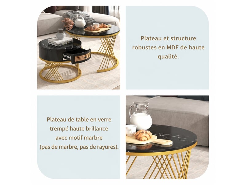  Ensemble de 2 tables basses rondes gigognes effet marbre noir et doré avec tiroir, ø 70 et 50 cm  - Conforama E