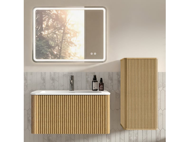 Armoire de salle de bain avec meuble sous vasque, colonne et miroir led anti-buée, pour salle de bain - Conforama B