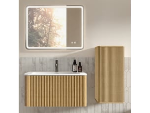 Armoire de salle de bain avec meuble sous vasque, colonne et miroir led anti-buée, pour salle de bain